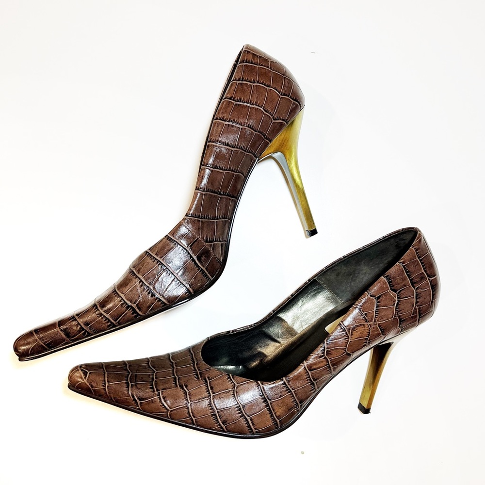 Steve Madden Brown Crocodile Embossed Leather Pointed Toe Stilettos Heels Pumps